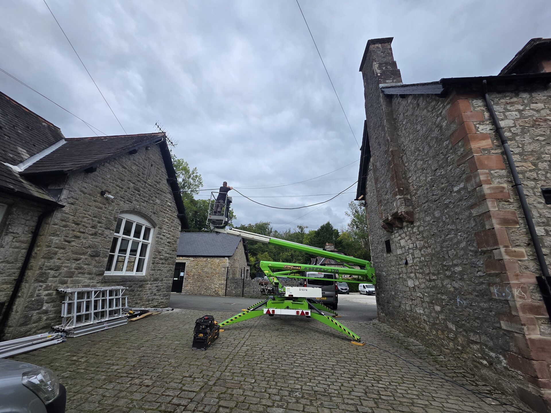 scissor lift on site during a fire alarm installation